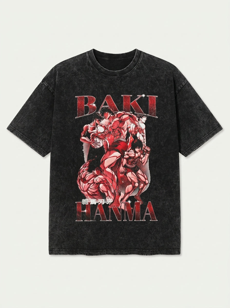 Hanma Baki The Grappler Gym Anime T-shirt for Men flat lay front view — washed black oversized t-shirt | Tempus Arc premium anime streetwear