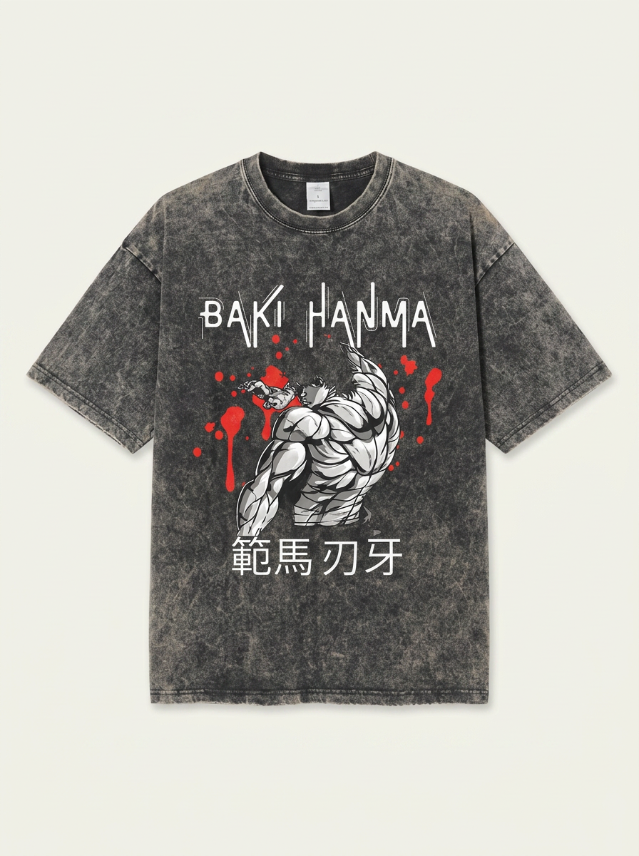 Hanma Baki The Grappler Gym Anime T-shirt for Men flat lay front view — washed black oversized t-shirt | Tempus Arc premium anime streetwear