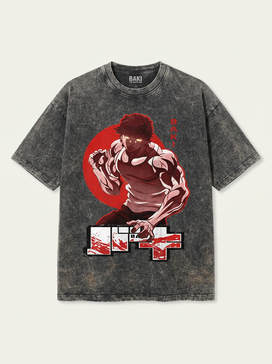 Hanma Baki The Grappler Gym Anime T-shirt for Men flat lay front view — washed black oversized t-shirt | Tempus Arc premium anime streetwear