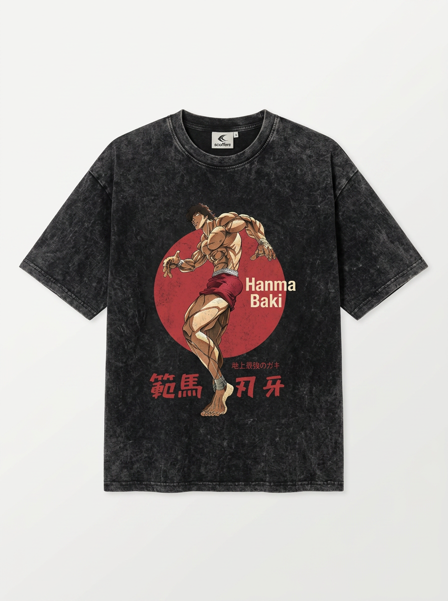Hanma Baki The Grappler Gym Anime T-shirt for Men flat lay front view — washed black oversized t-shirt | Tempus Arc premium anime streetwear