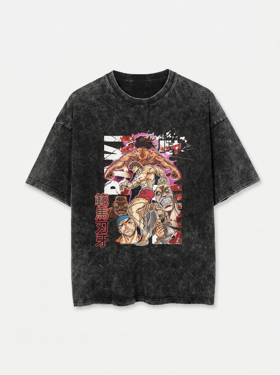 Hanma Baki The Grappler Gym Anime T-shirt for Men flat lay front view — washed black oversized t-shirt | Tempus Arc premium anime streetwear