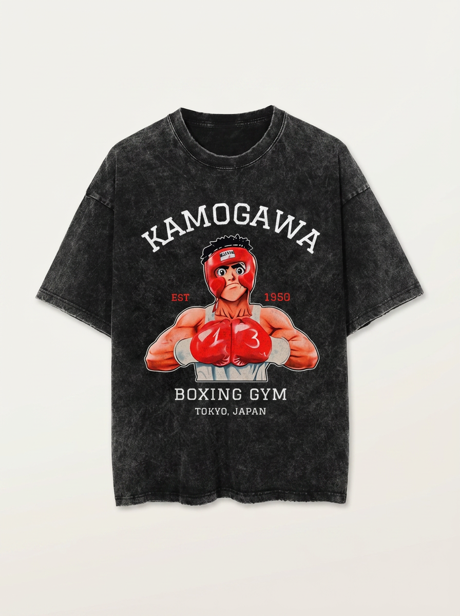 Hanma Baki The Grappler Gym Anime T-shirt for Men flat lay front view — washed black oversized t-shirt | Tempus Arc premium anime streetwear