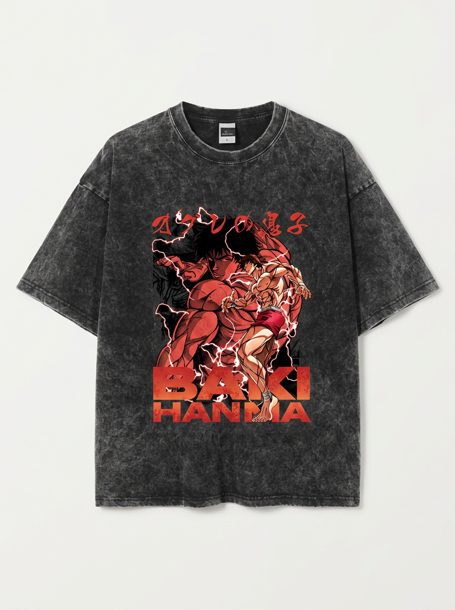 Hanma Baki The Grappler Gym Anime T-shirt for Men flat lay front view — washed black oversized t-shirt | Tempus Arc premium anime streetwear
