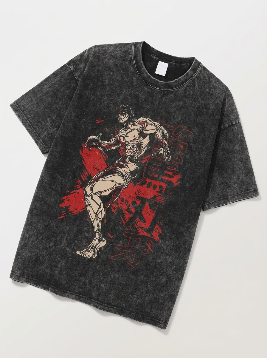 Hanma Baki The Grappler Gym Anime T-shirt for Men angle perspective shot — washed cotton t-shirt | Tempus Arc premium anime streetwear