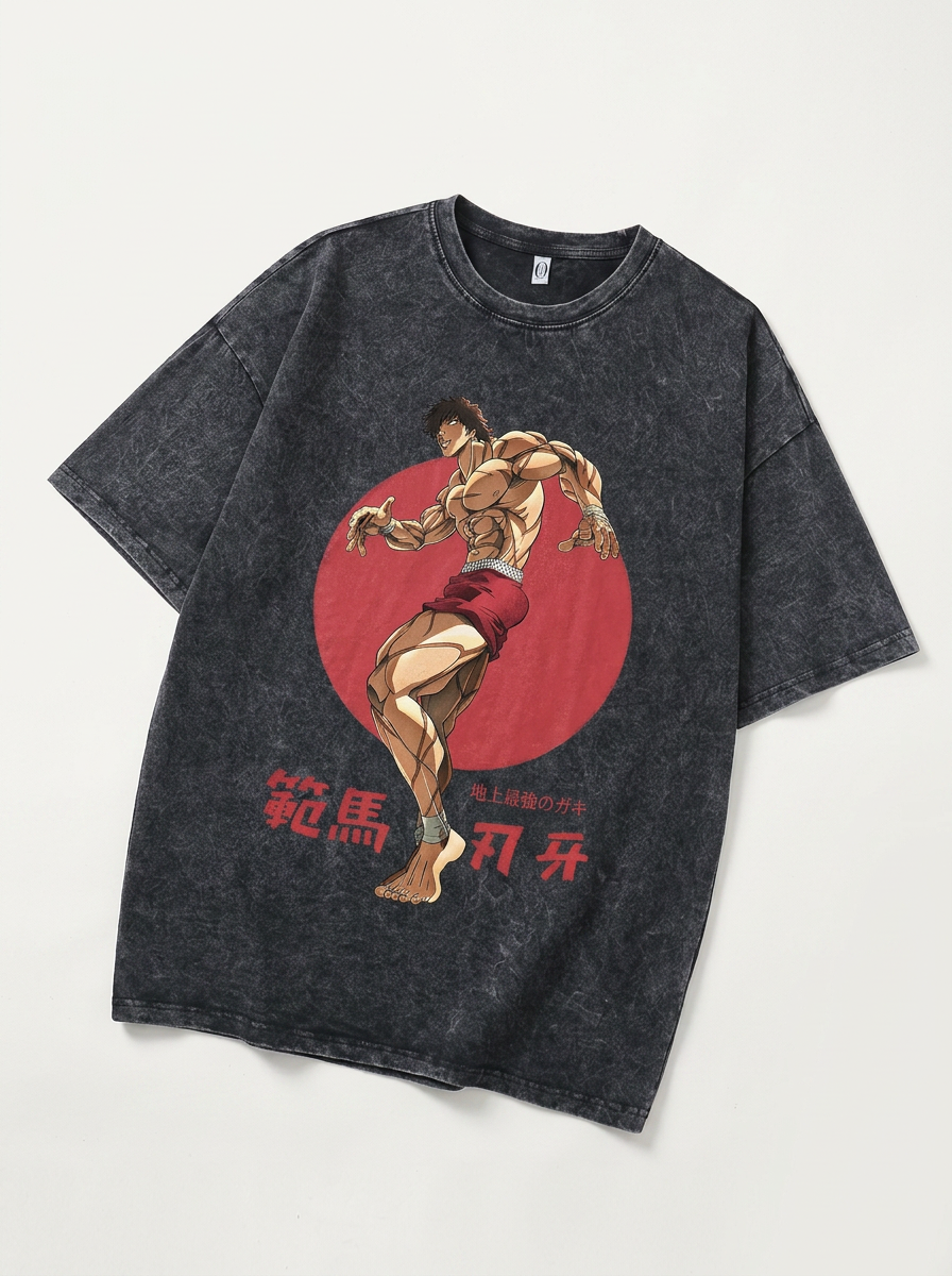 Hanma Baki The Grappler Gym Anime T-shirt for Men angle perspective shot — washed cotton t-shirt | Tempus Arc premium anime streetwear