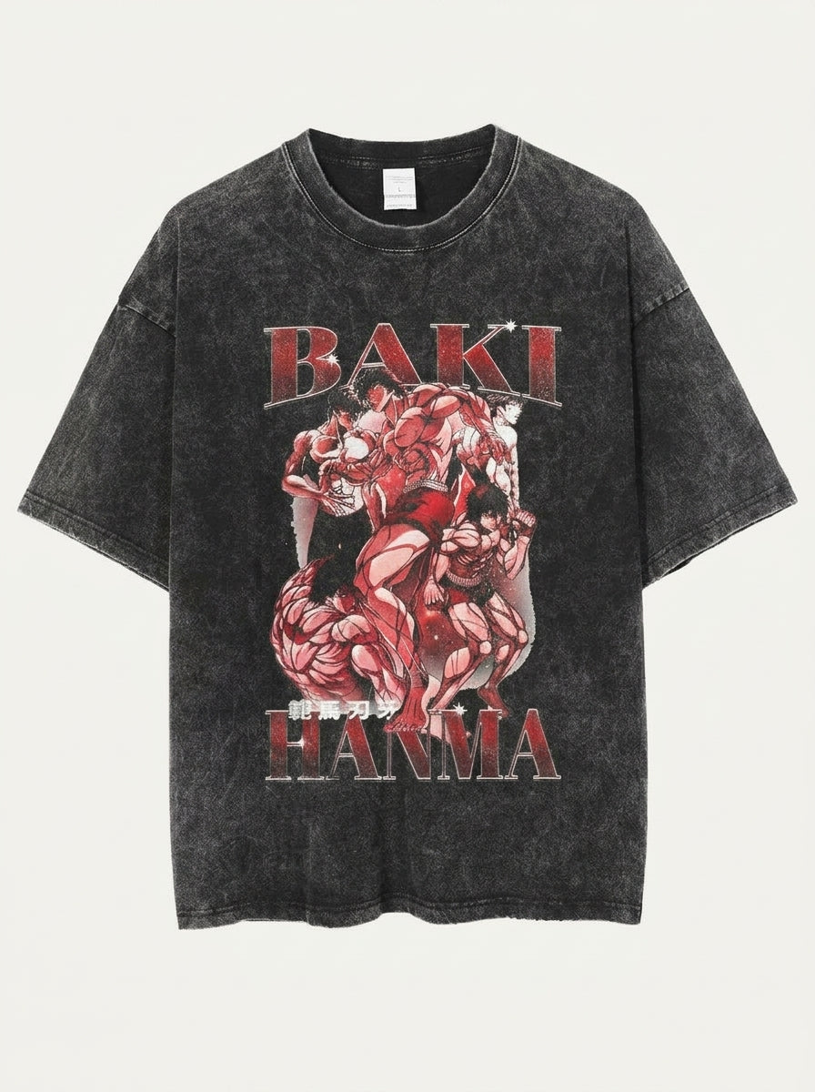 Hanma Baki The Grappler Gym Anime T-shirt for Men angle perspective shot — washed cotton t-shirt | Tempus Arc premium anime streetwear