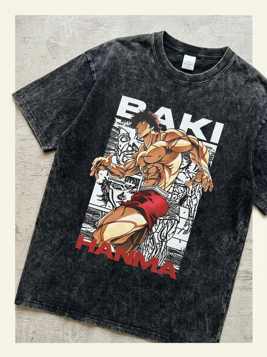 Hanma Baki The Grappler Gym Anime T-shirt for Men angle perspective shot — washed cotton t-shirt | Tempus Arc premium anime streetwear