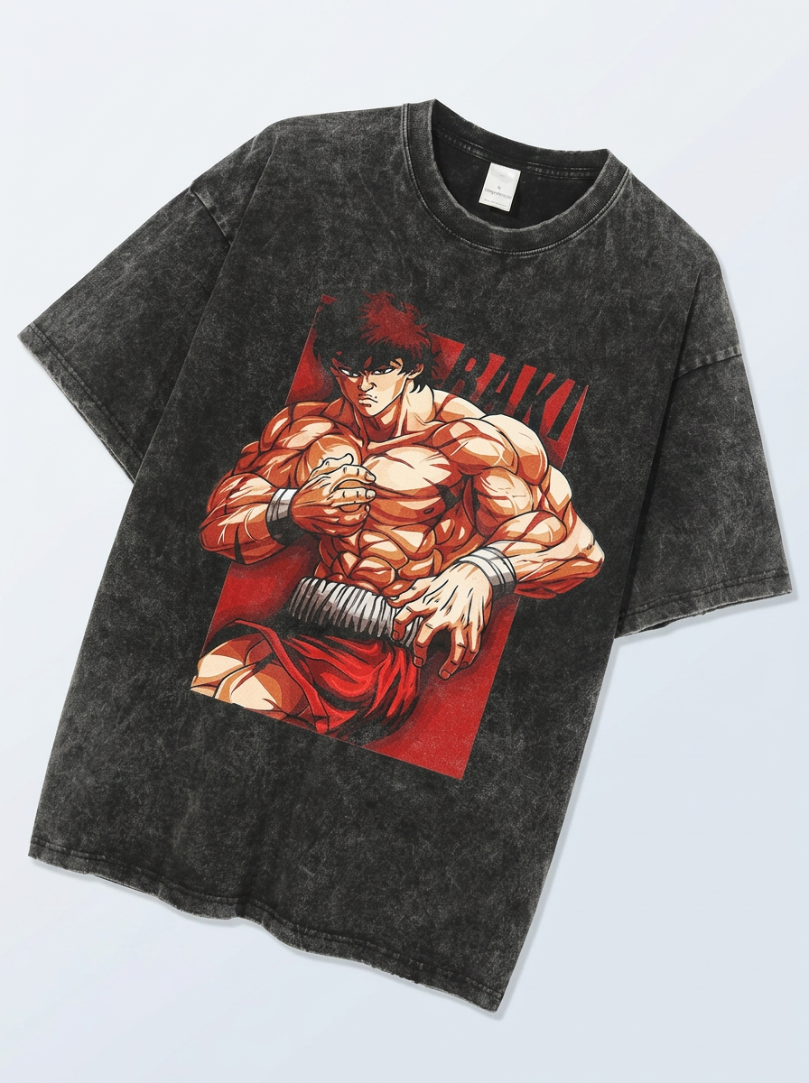 Hanma Baki The Grappler Gym Anime T-shirt for Men angle perspective shot — washed cotton t-shirt | Tempus Arc premium anime streetwear