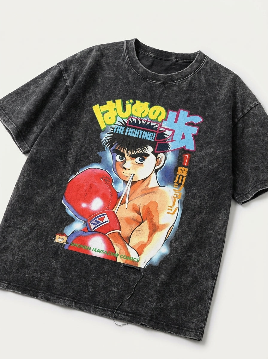 Hanma Baki The Grappler Gym Anime T-shirt for Men angle perspective shot — washed cotton t-shirt | Tempus Arc premium anime streetwear