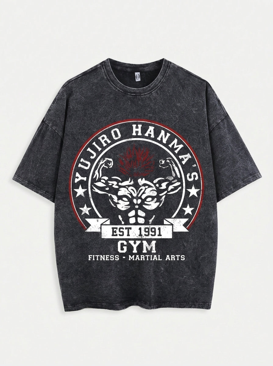 Hanma Baki The Grappler Gym Anime T-shirt for Men angle perspective shot — washed cotton t-shirt | Tempus Arc premium anime streetwear