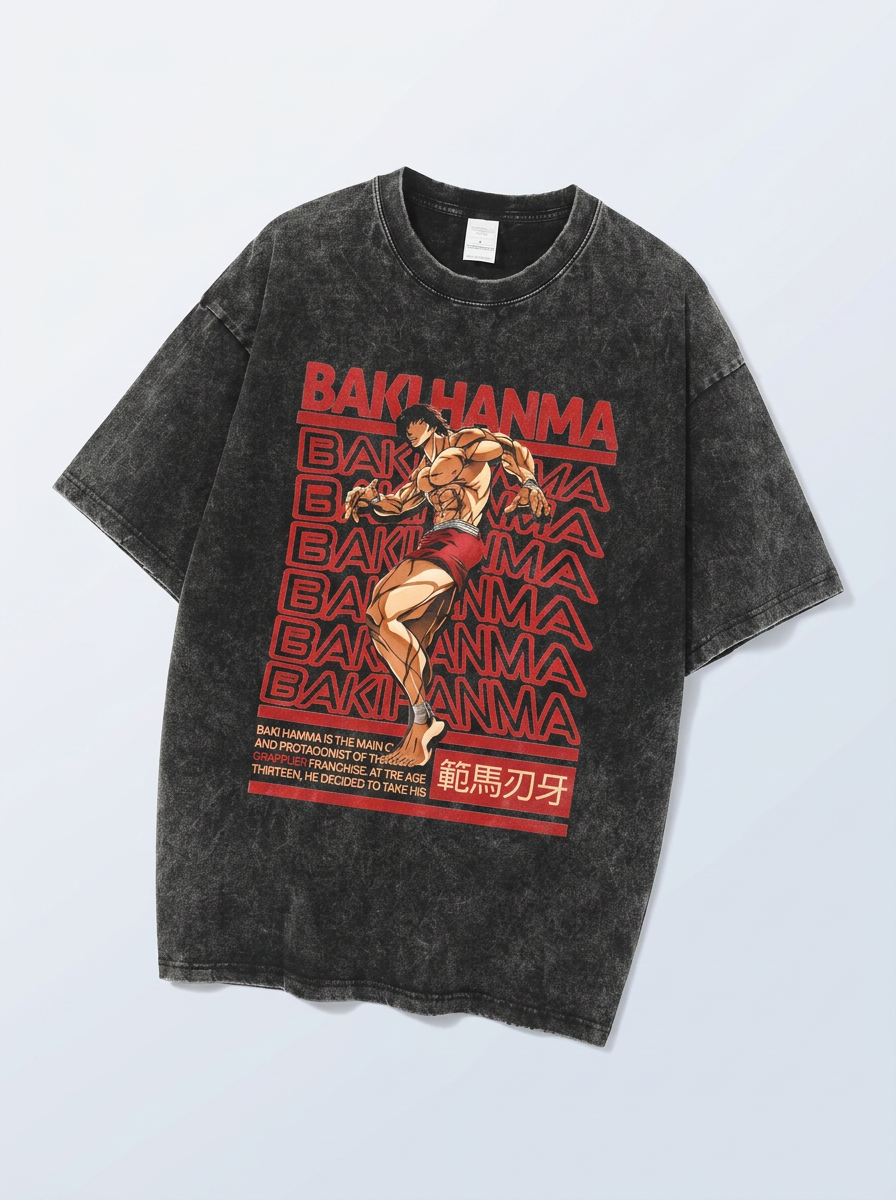Hanma Baki The Grappler Gym Anime T-shirt for Men angle perspective shot — washed cotton t-shirt | Tempus Arc premium anime streetwear