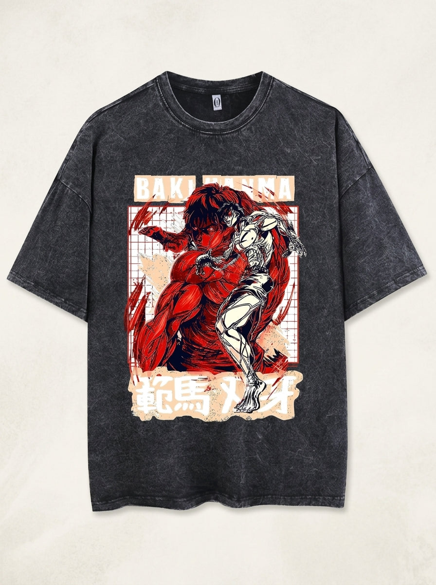 Hanma Baki The Grappler Gym Anime T-shirt for Men angle perspective shot — washed cotton t-shirt | Tempus Arc premium anime streetwear