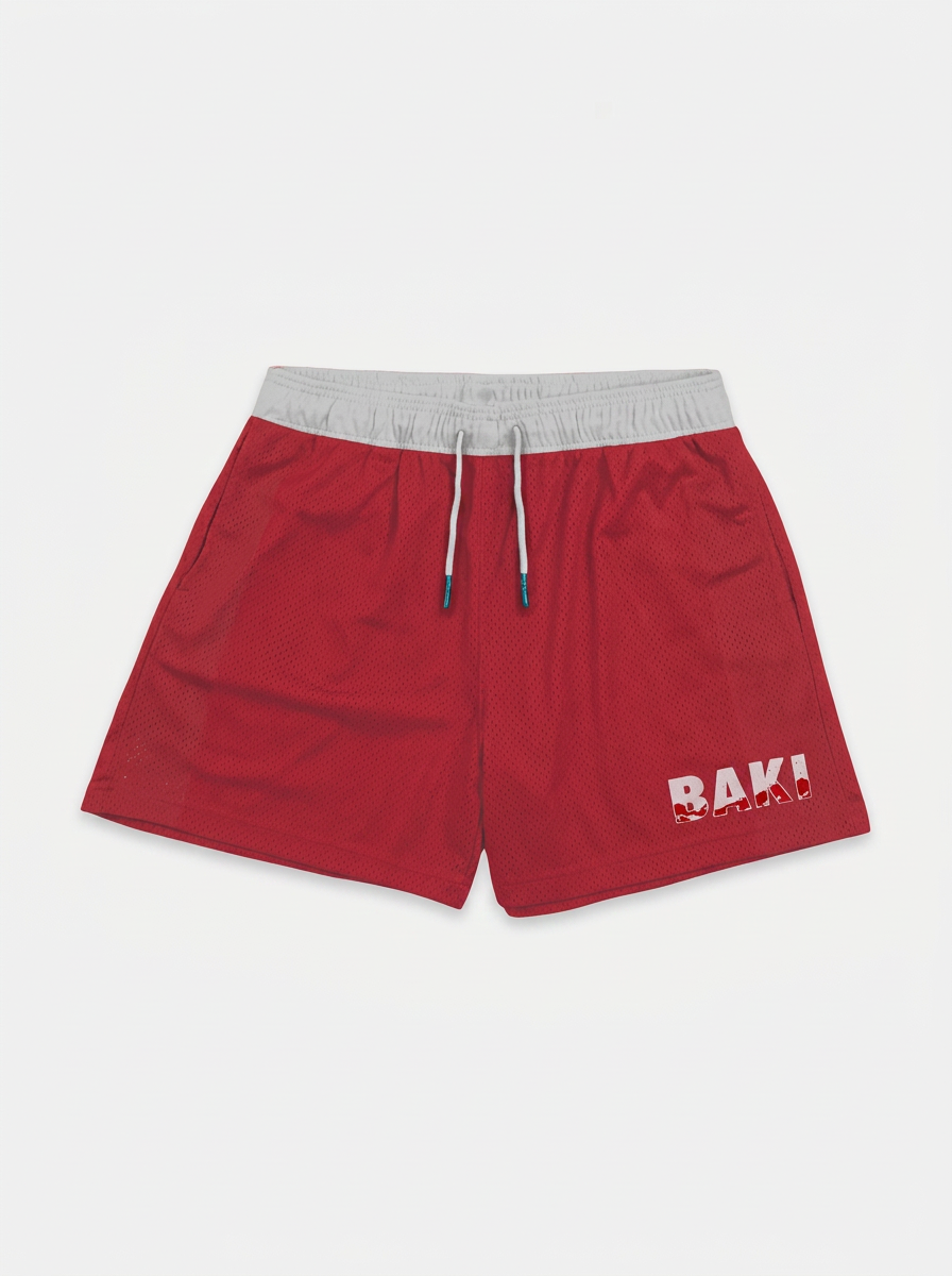 Men's Anime Print Beach Shorts - Elastic Waist, Casual Black - MLK9B8U0N flat lay product mockup — premium catalog | Tempus Arc anime streetwear shorts
