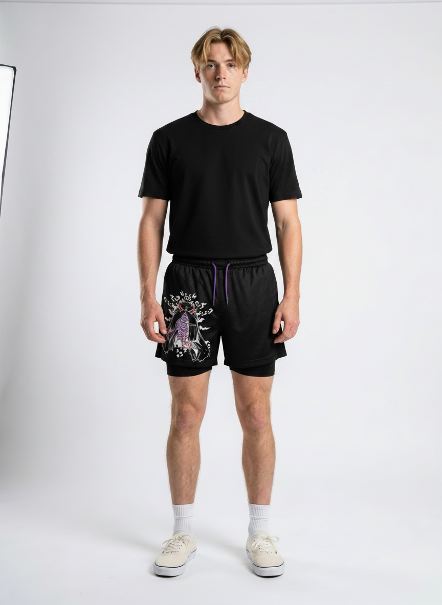 Men's Anime Print Beach Shorts - Elastic Waist, Casual Black