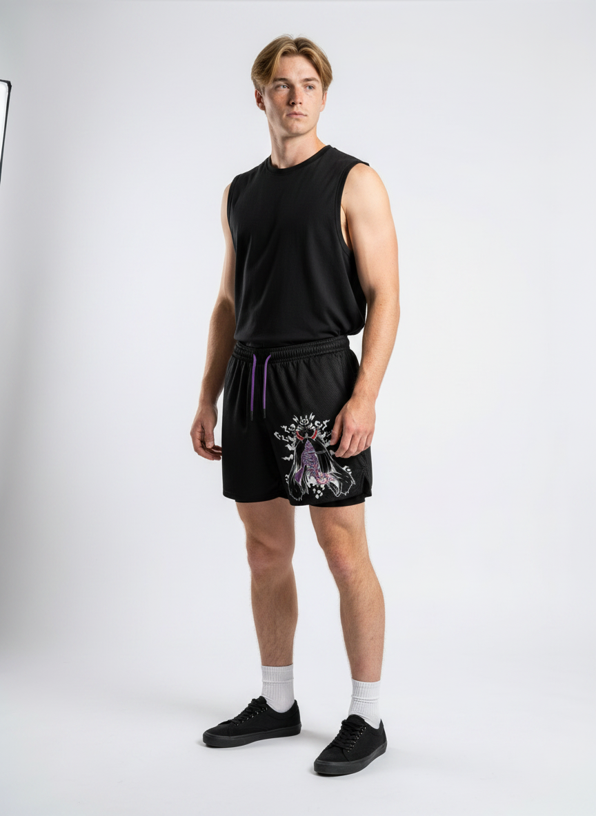 Men's Anime Print Beach Shorts - Elastic Waist, Casual Black