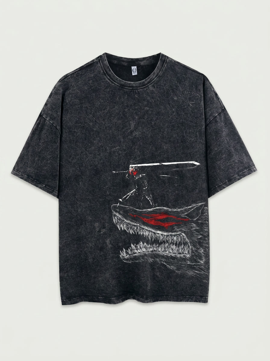 Retro Vintage Anime Graphic Hip Hop T-Shirt for Women flat lay front view — washed black oversized t-shirt | Tempus Arc premium anime streetwear