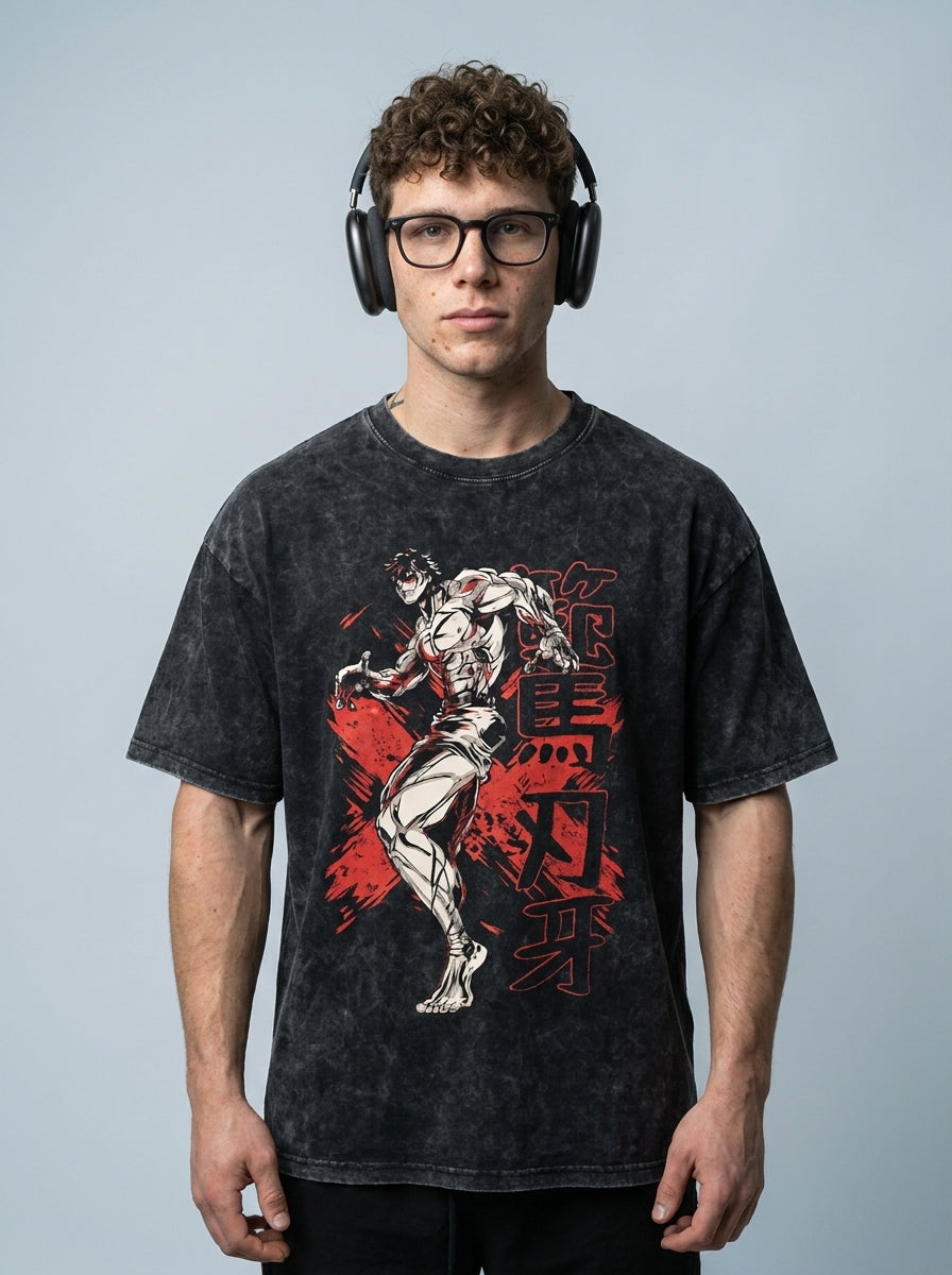 Strong Guy Gym Anime T-Shirt (Single Piece) on male model — washed black t-shirt front view | Tempus Arc premium anime streetwear