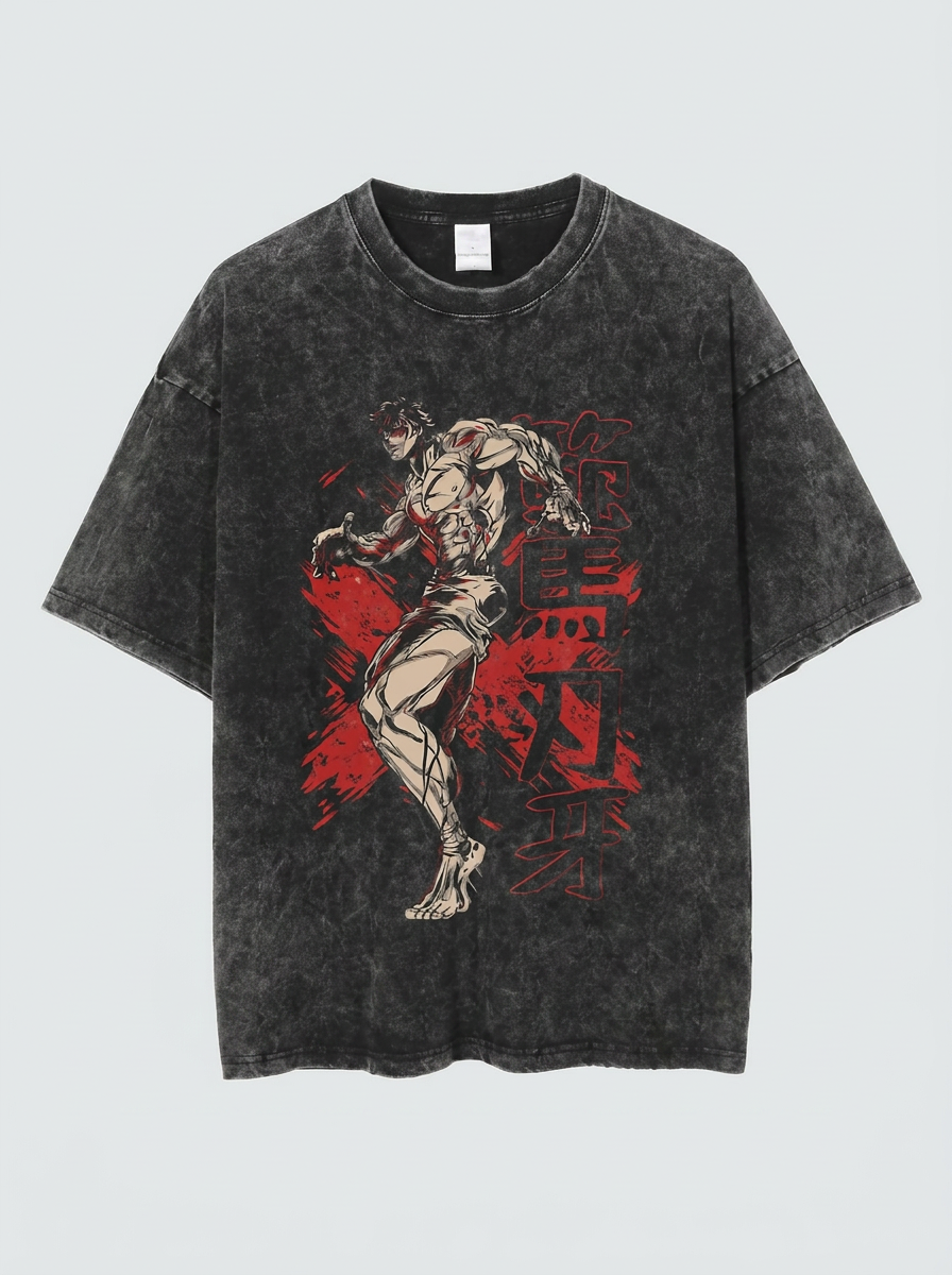 Strong Guy Gym Anime T-Shirt (Single Piece) flat lay — washed black oversized anime t-shirt | Tempus Arc premium anime streetwear