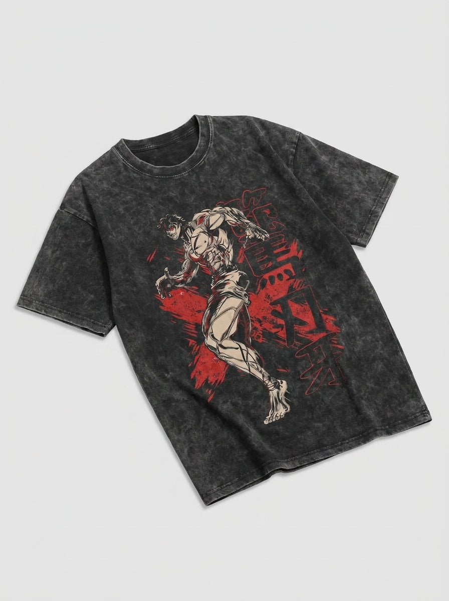 Strong Guy Gym Anime T-Shirt (Single Piece) angle perspective shot — vintage washed cotton t-shirt | Tempus Arc premium anime streetwear