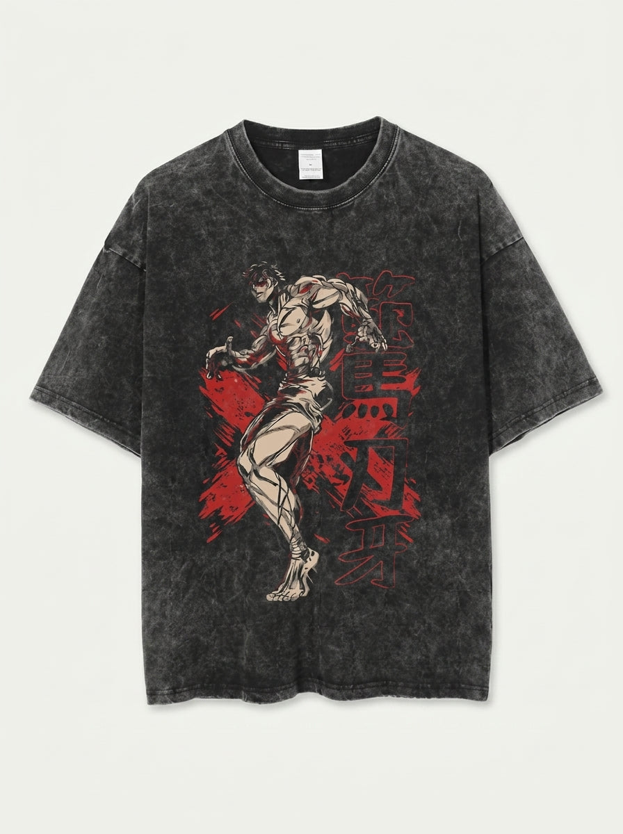 Strong Guy Gym Anime T-Shirt (Single Piece) flat lay front view — washed black oversized t-shirt | Tempus Arc premium anime streetwear
