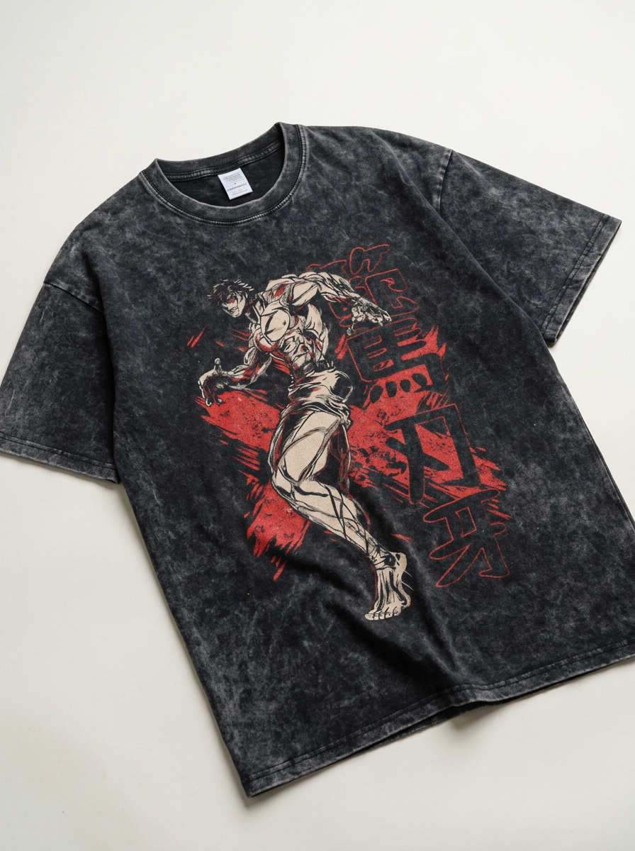 Strong Guy Gym Anime T-Shirt (Single Piece) angle perspective shot — washed cotton t-shirt | Tempus Arc premium anime streetwear