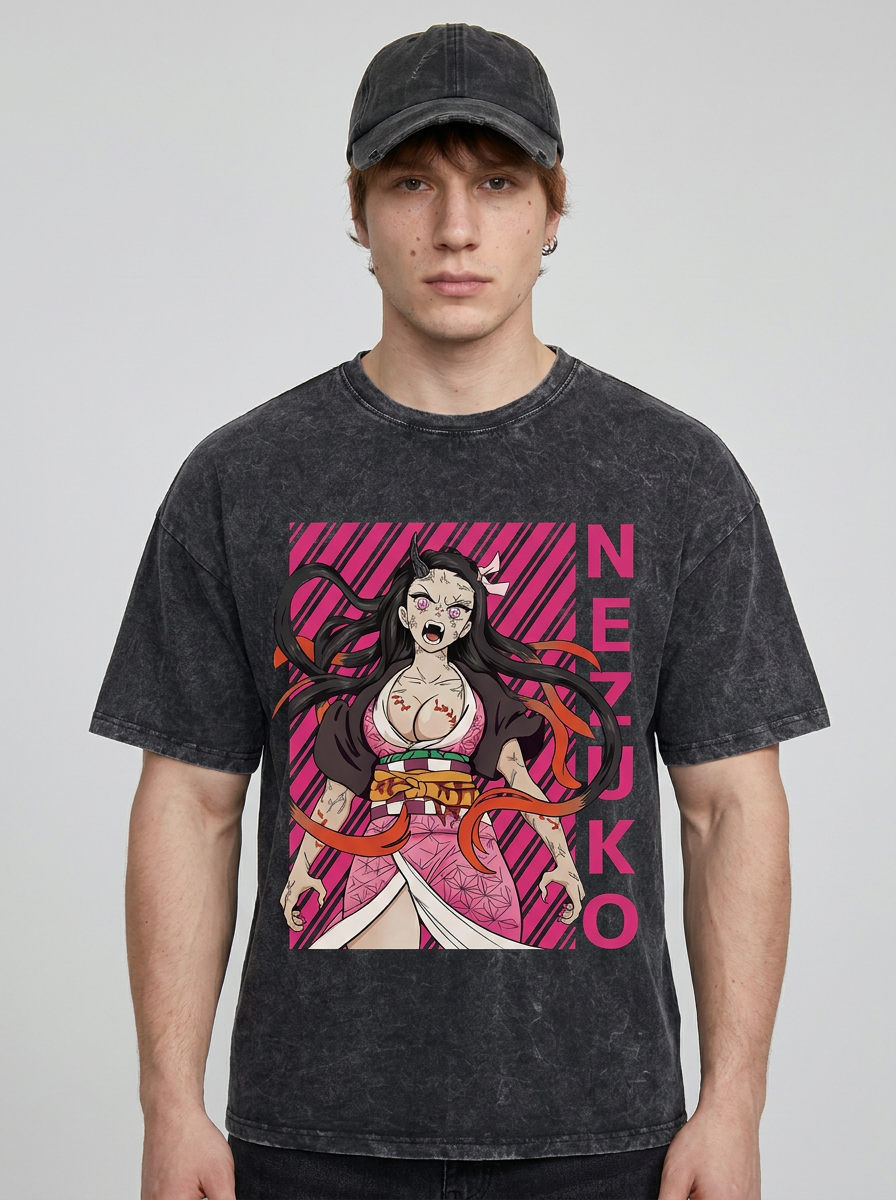 T-Shirt 3 model frontal central — washed black t-shirt | Tempus Arc premium anime streetwear