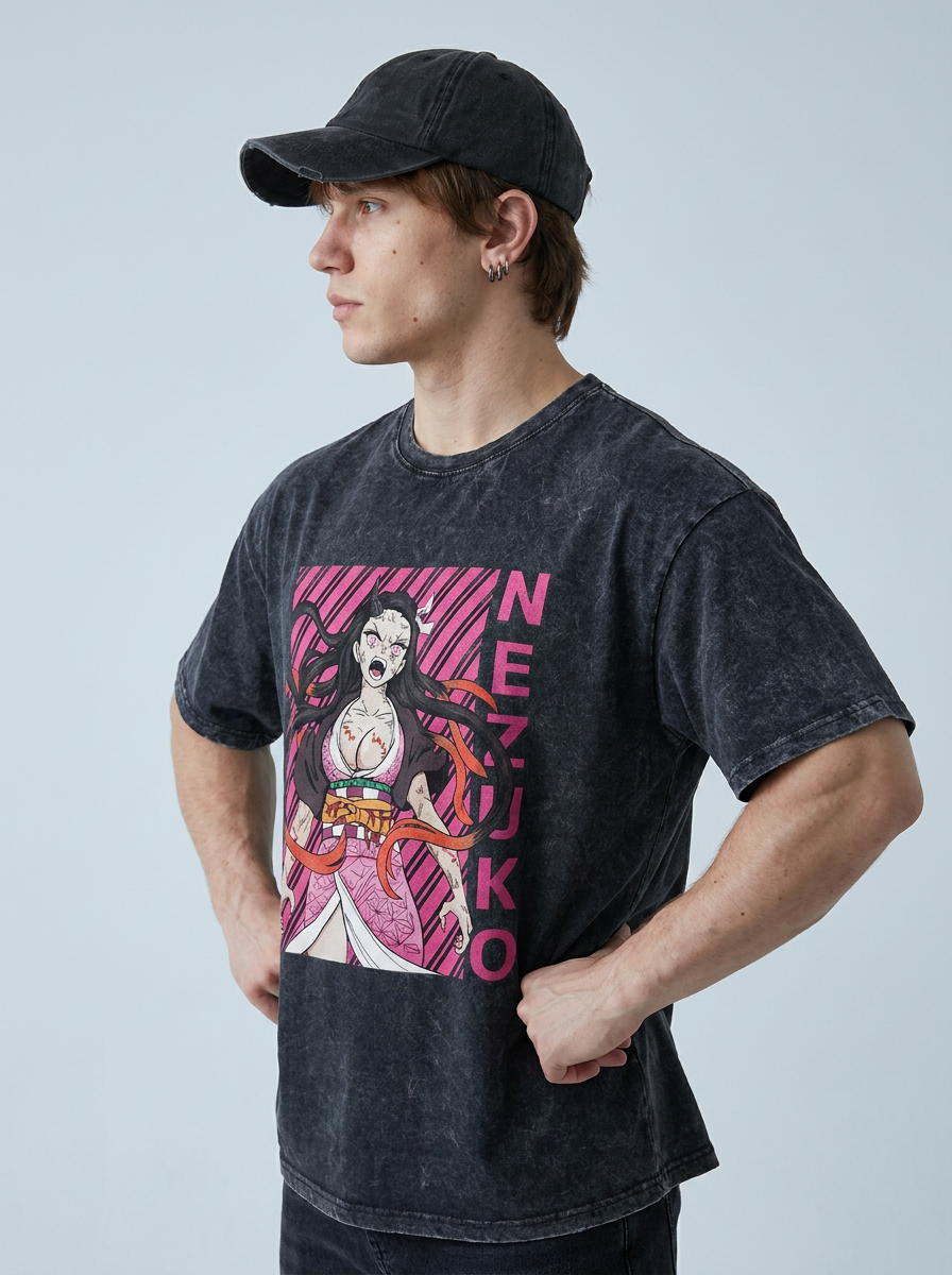 T-Shirt 3 model side profile athletic — washed cotton t-shirt | Tempus Arc premium anime streetwear