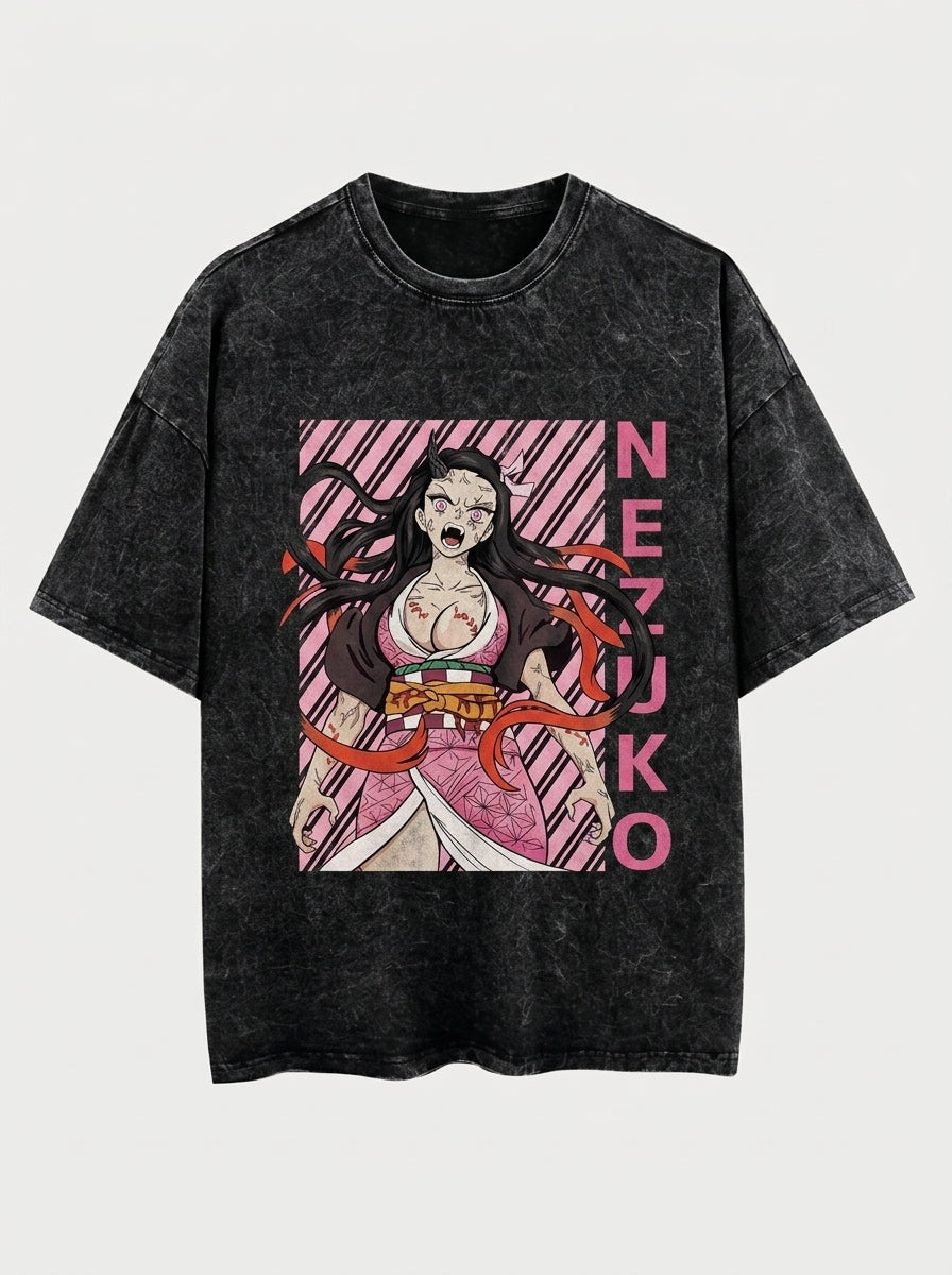 T-Shirt 3 flat lay front view — washed black oversized t-shirt | Tempus Arc premium anime streetwear