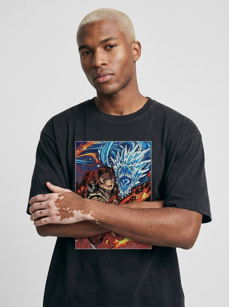 T-Shirt 3 on model arms crossed — washed black t-shirt | Tempus Arc premium anime streetwear
