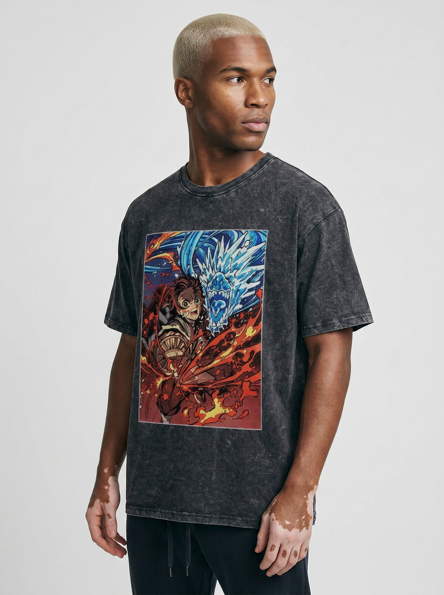 T-Shirt 3 model lateral 3/4 — oversized washed cotton t-shirt | Tempus Arc premium anime streetwear