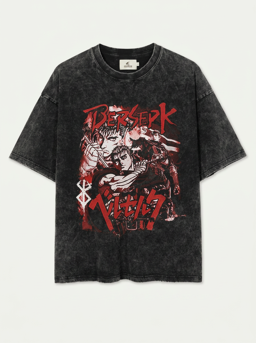 T-Shirt 3 flat lay front view — washed black oversized t-shirt | Tempus Arc premium anime streetwear