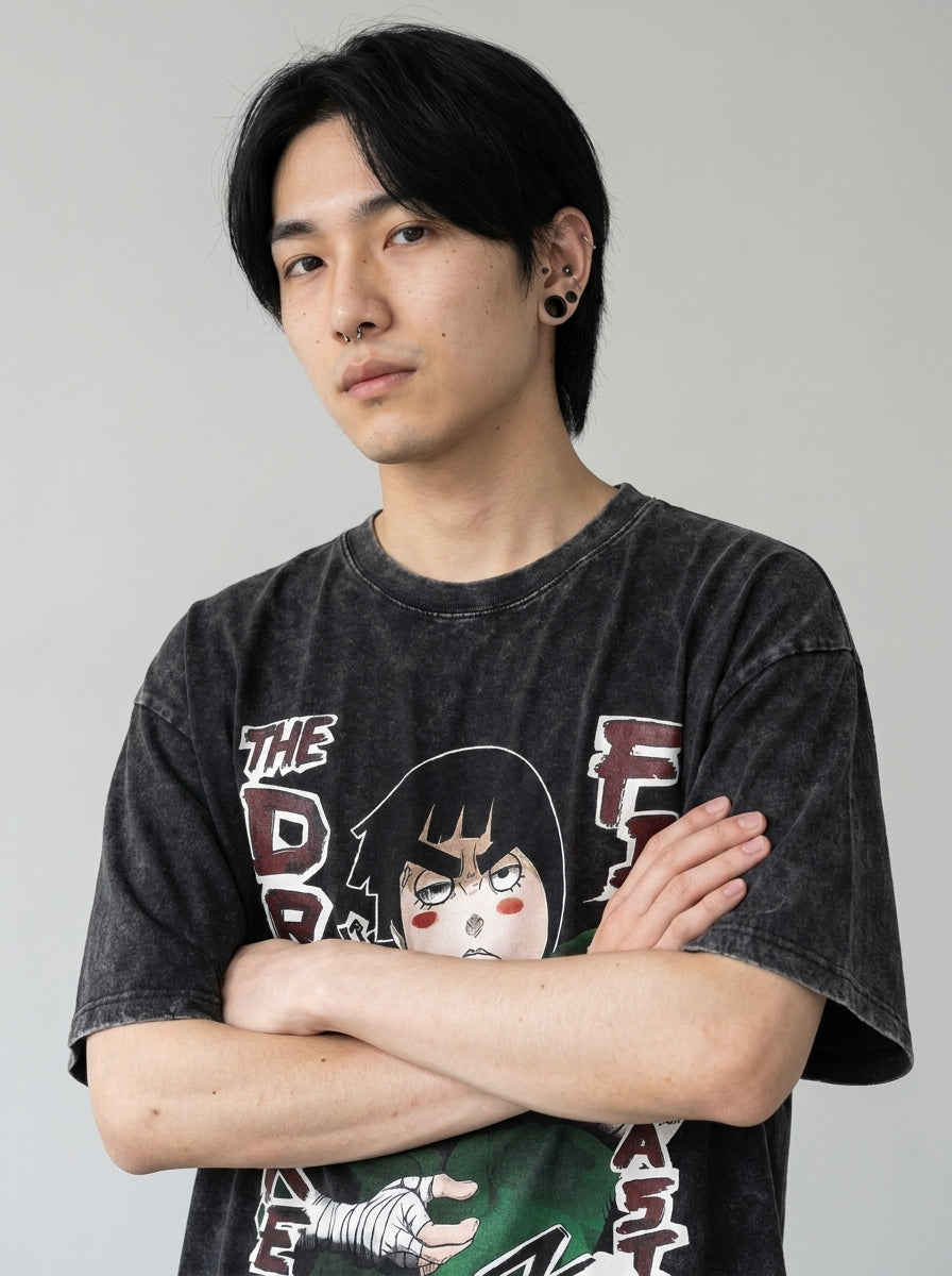 T-Shirt 3 on model arms crossed — washed black t-shirt | Tempus Arc premium anime streetwear