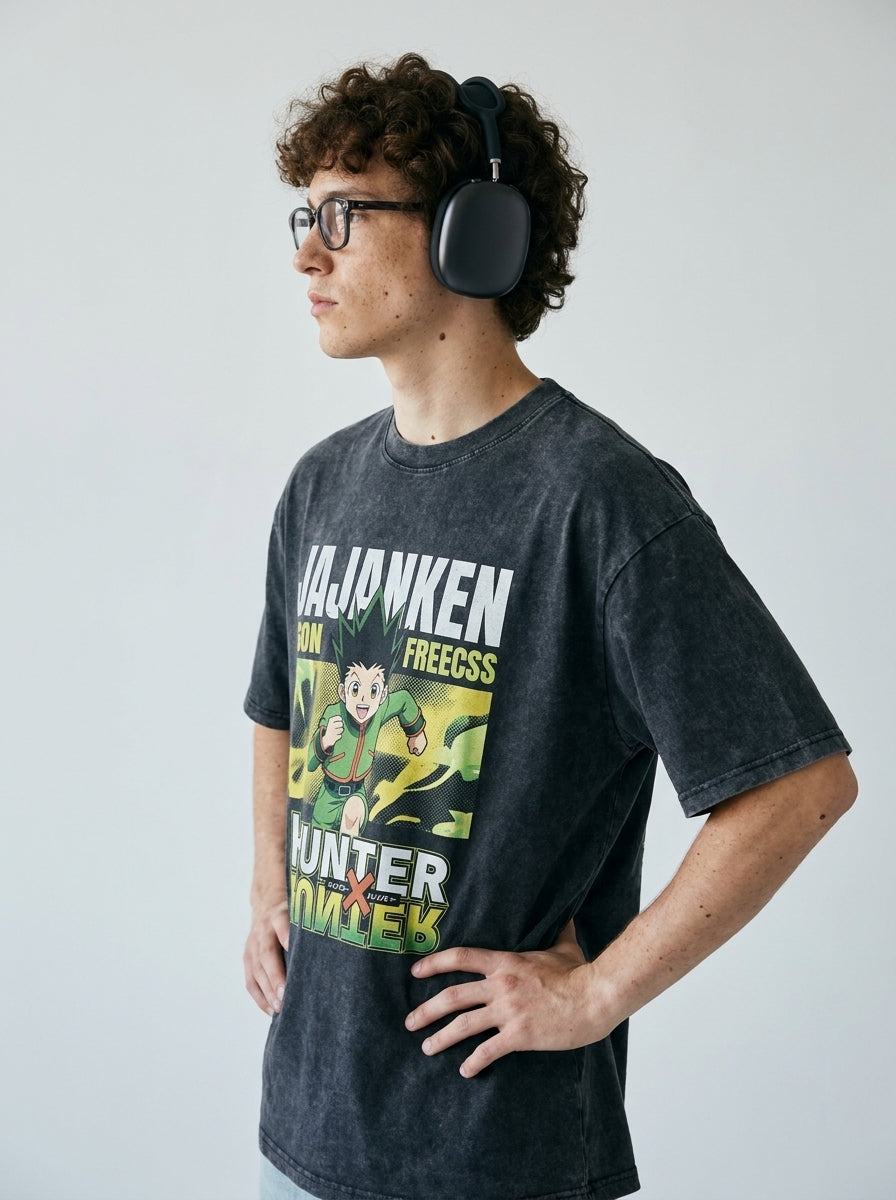 T-Shirt 3 model side profile athletic — washed cotton t-shirt | Tempus Arc premium anime streetwear