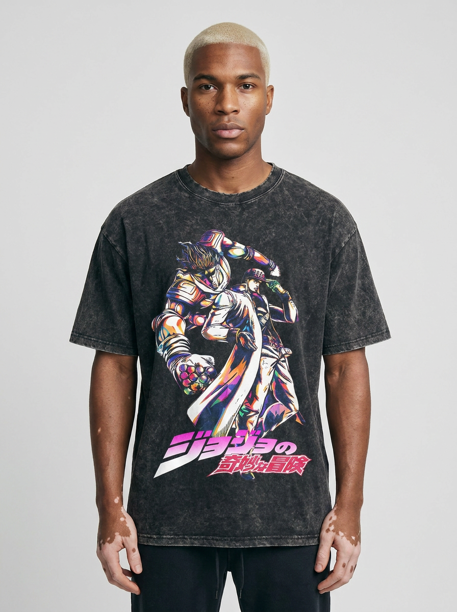 T-Shirt 3 model frontal central — washed black t-shirt | Tempus Arc premium anime streetwear