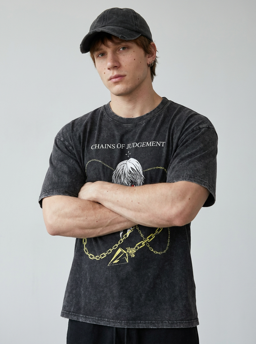 T-Shirt 3 on model arms crossed — washed black t-shirt | Tempus Arc premium anime streetwear