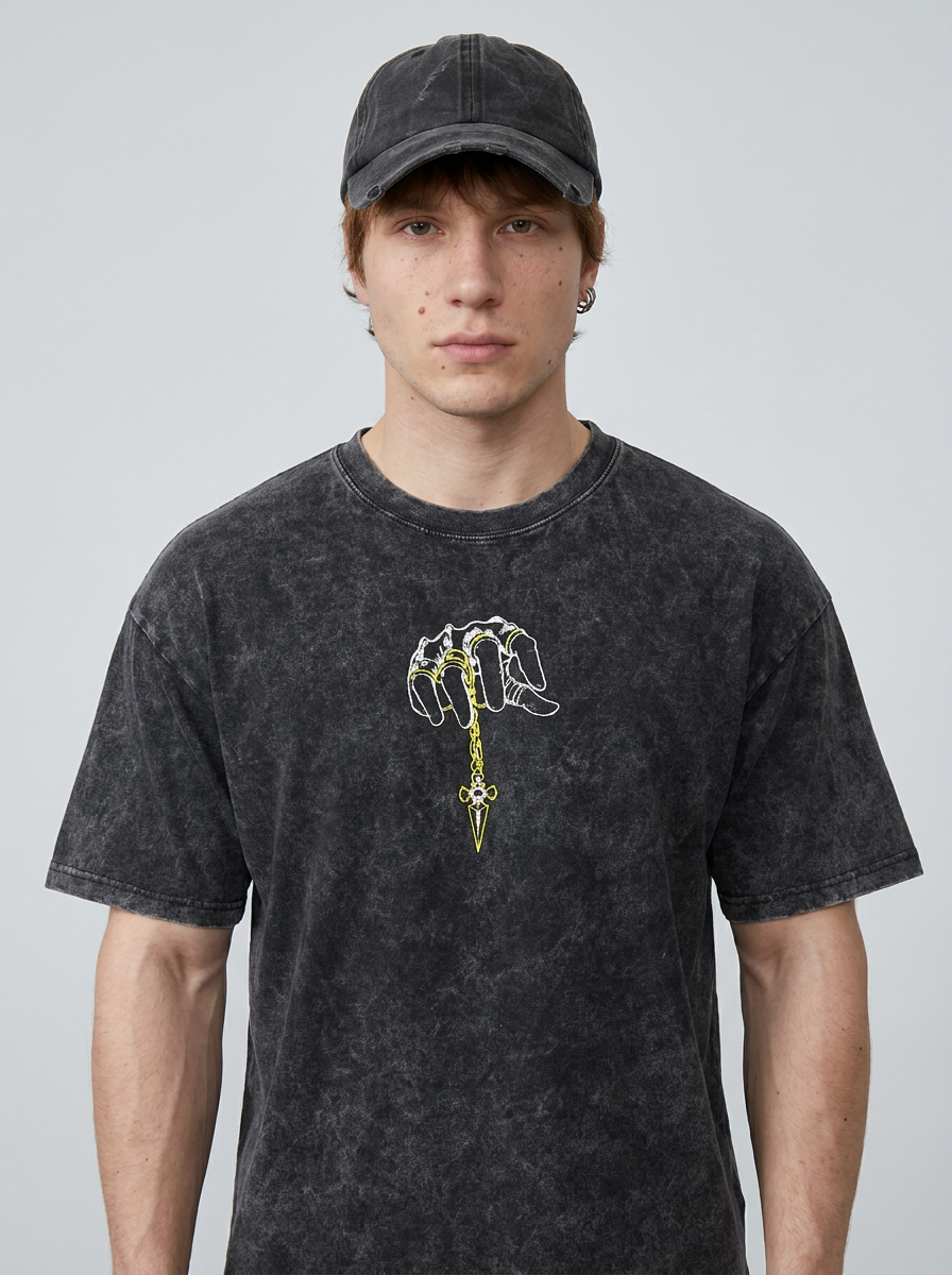 T-Shirt 3 model frontal central — washed black t-shirt | Tempus Arc premium anime streetwear