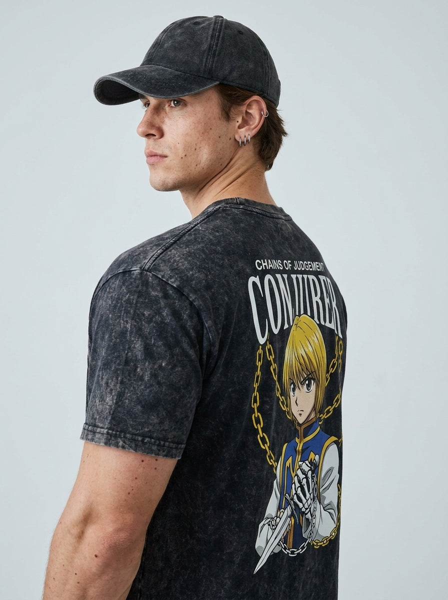 T-Shirt 3 model lateral 3/4 — oversized washed cotton t-shirt | Tempus Arc premium anime streetwear