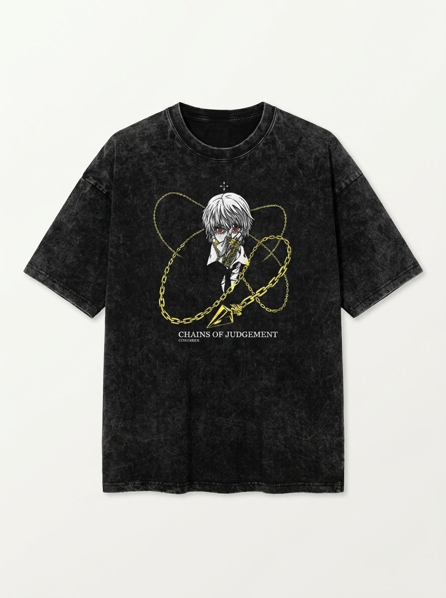 T-Shirt 3 flat lay front view — washed black oversized t-shirt | Tempus Arc premium anime streetwear