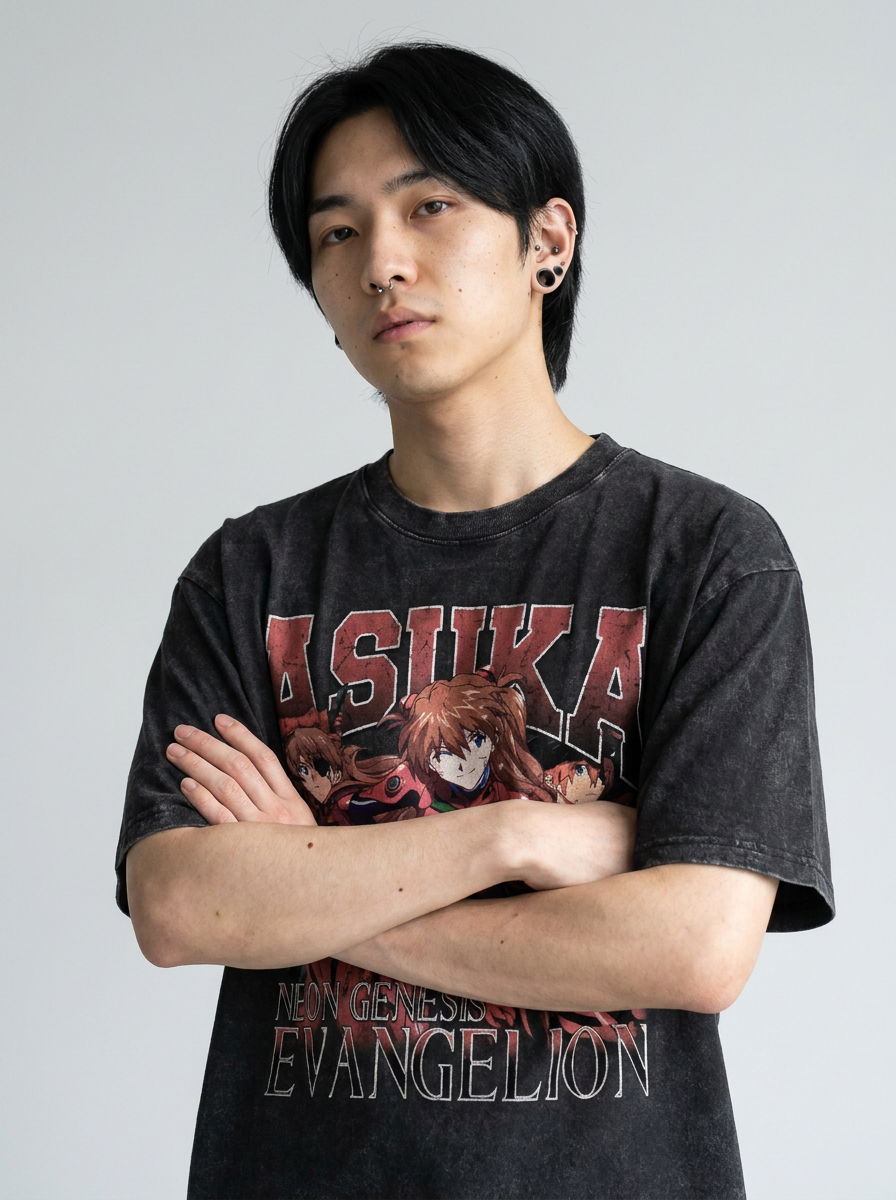 T-Shirt 3 on model arms crossed — washed black t-shirt | Tempus Arc premium anime streetwear