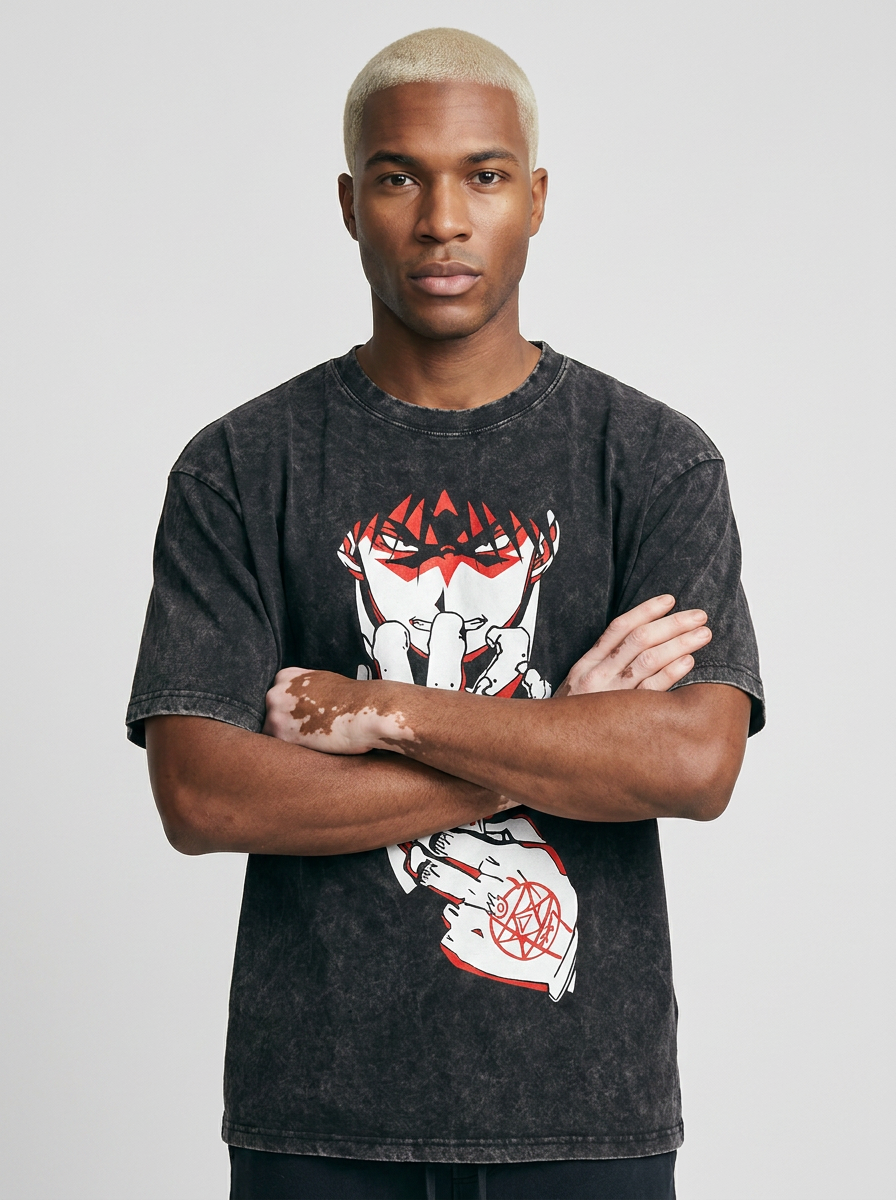 T-Shirt 3 on model arms crossed — washed black t-shirt | Tempus Arc premium anime streetwear