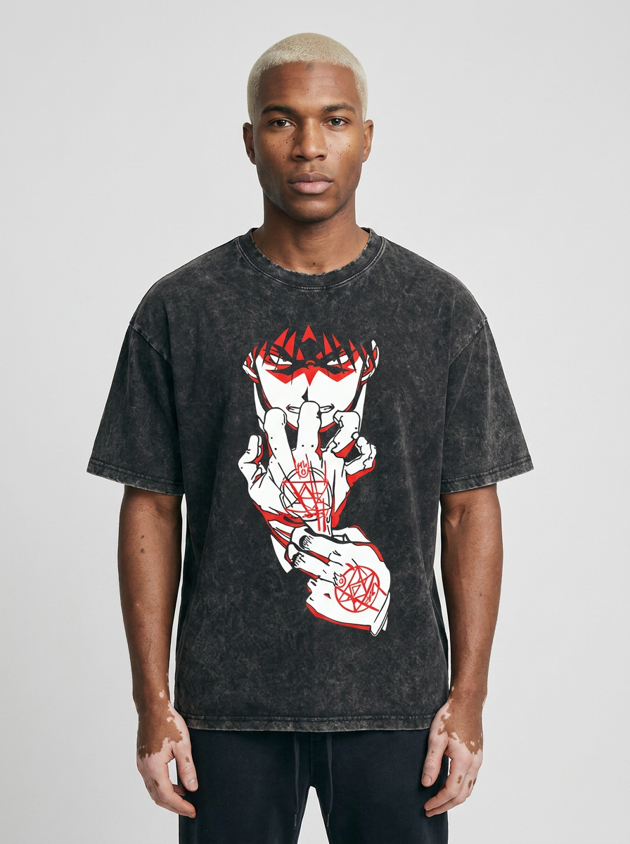 T-Shirt 3 model frontal central — washed black t-shirt | Tempus Arc premium anime streetwear