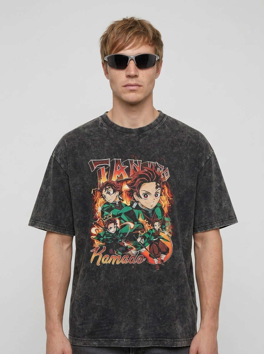 T-Shirt 3 model frontal central — washed black t-shirt | Tempus Arc premium anime streetwear