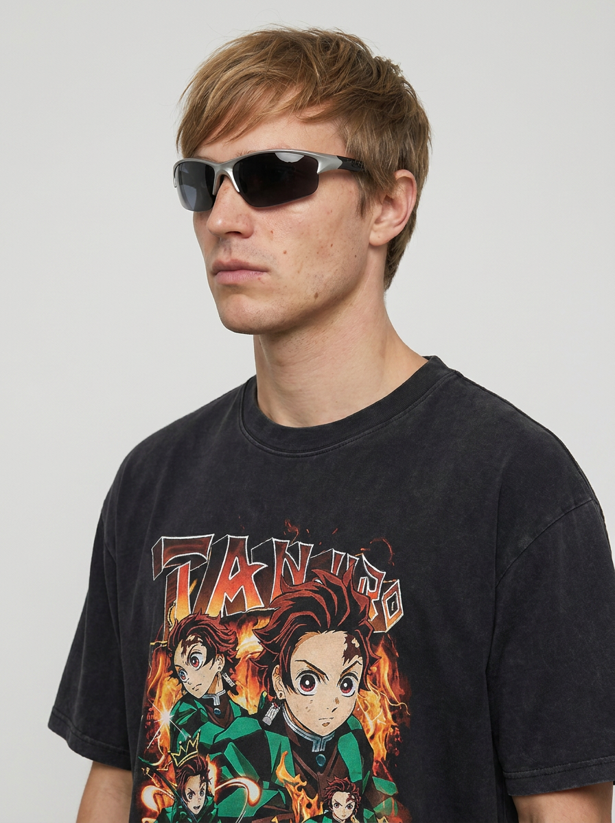 T-Shirt 3 model lateral 3/4 — oversized washed cotton t-shirt | Tempus Arc premium anime streetwear