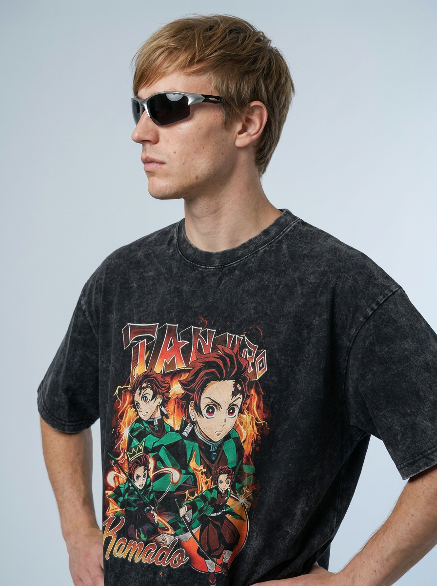 T-Shirt 3 model side profile athletic — washed cotton t-shirt | Tempus Arc premium anime streetwear
