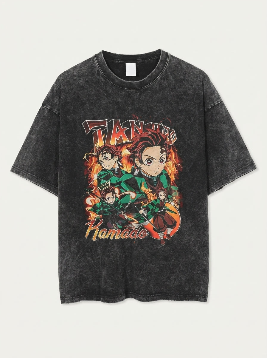 T-Shirt 3 flat lay front view — washed black oversized t-shirt | Tempus Arc premium anime streetwear