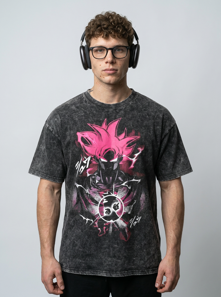 T-Shirt 3 model frontal central — washed black t-shirt | Tempus Arc premium anime streetwear