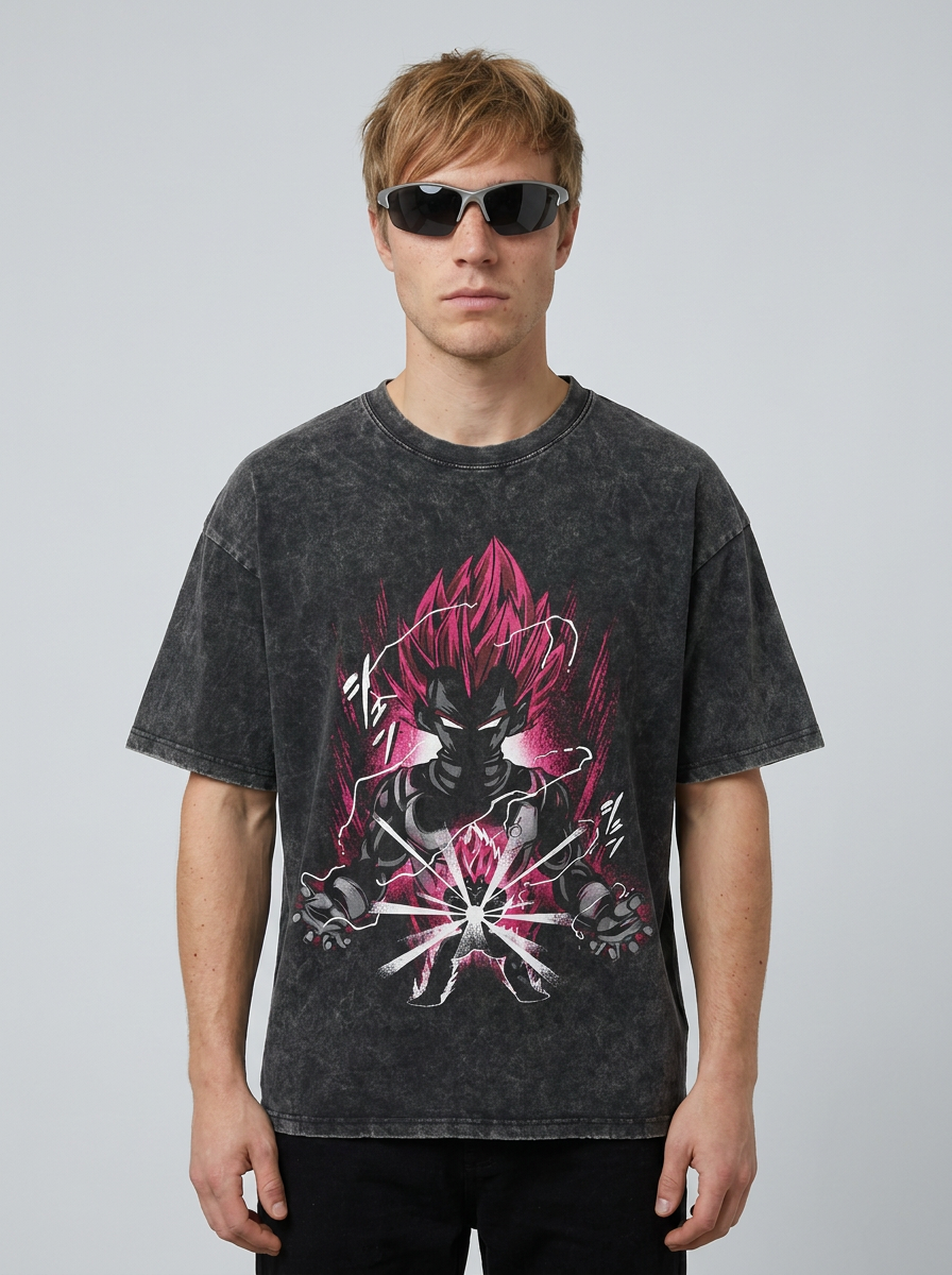 T-Shirt 3 model frontal central — washed black t-shirt | Tempus Arc premium anime streetwear