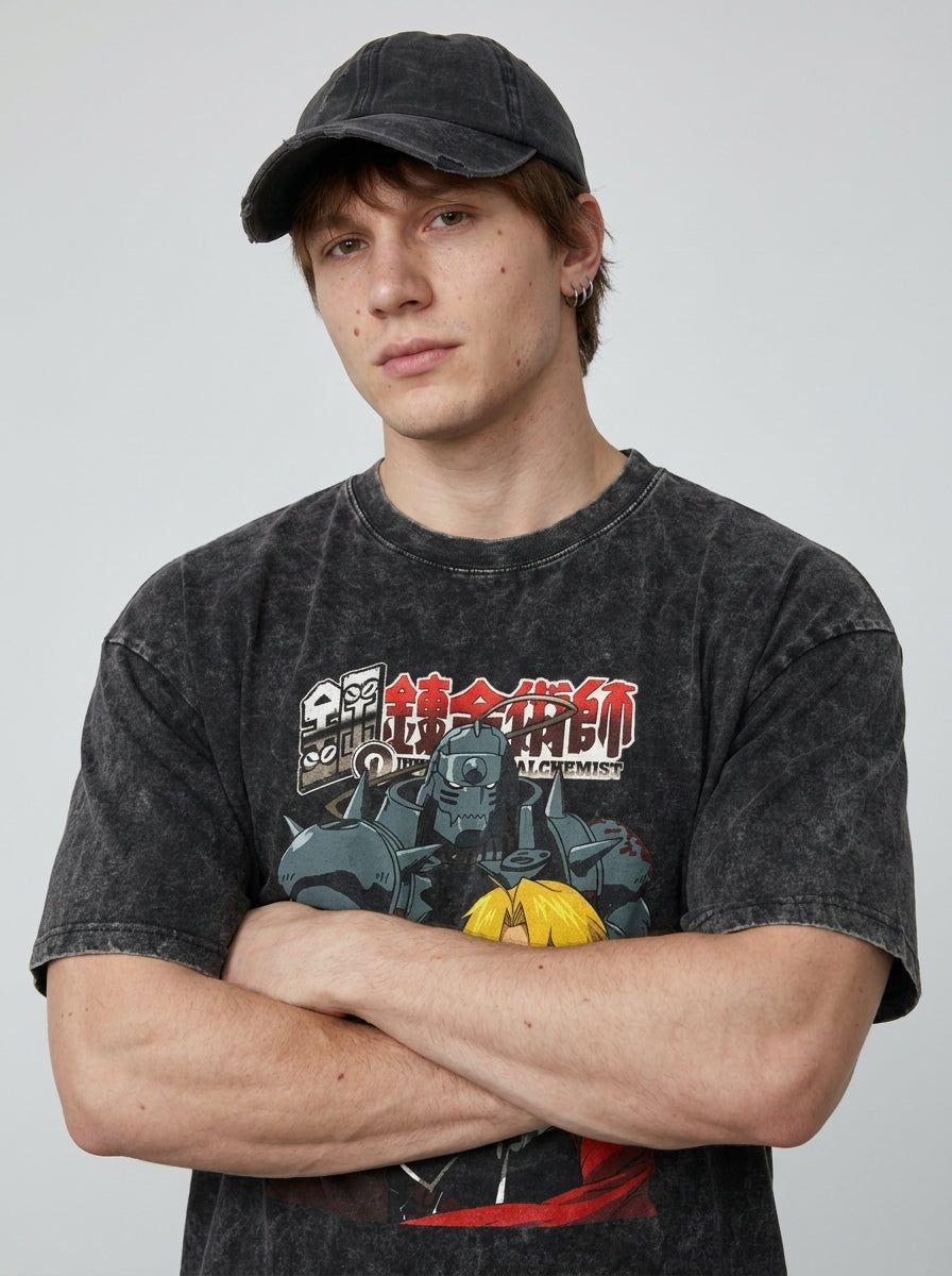 T-Shirt 3 on model arms crossed — washed black t-shirt | Tempus Arc premium anime streetwear