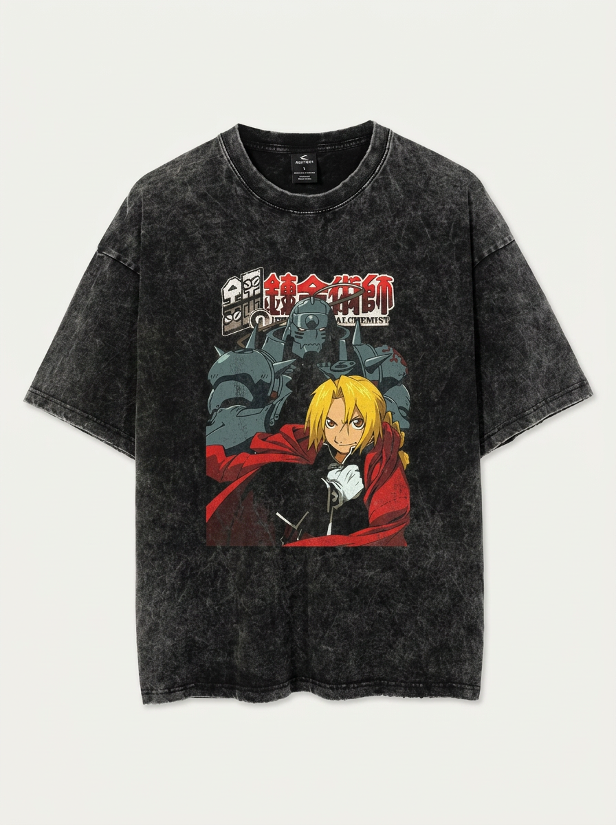 T-Shirt 3 flat lay front view — washed black oversized t-shirt | Tempus Arc premium anime streetwear