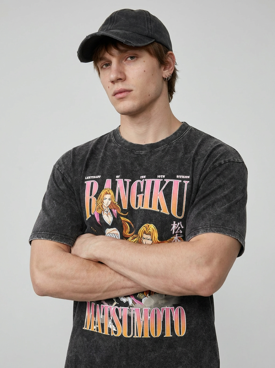 T-Shirt 3 on model arms crossed — washed black t-shirt | Tempus Arc premium anime streetwear